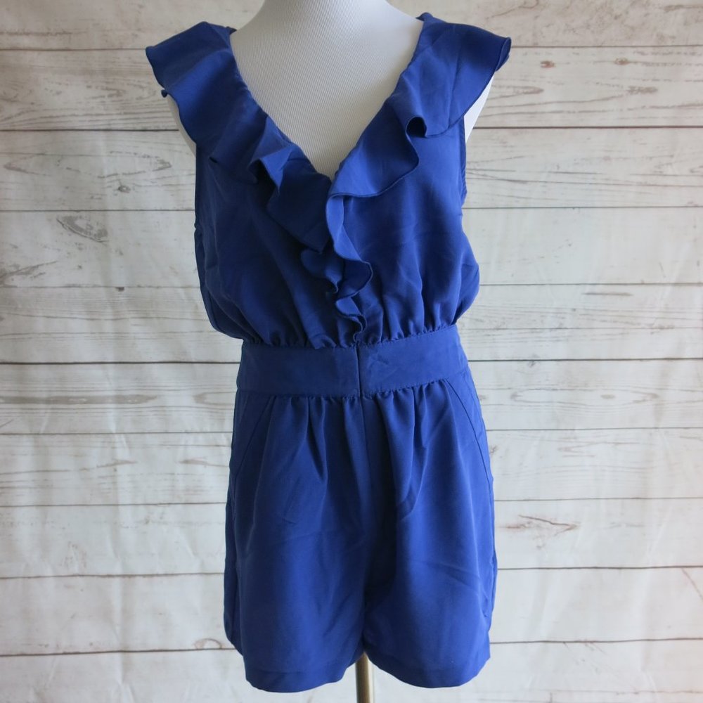 Pins and Needles Blue Full Zip Front Sleeveless Deep Ruffle V Neck Romper Size 4 - Picture 3 of 7